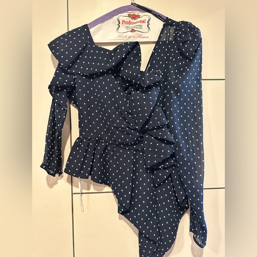 Self Portrait Sz 2 asymmetrical top blue and white